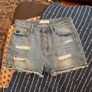Kancan High Waist Distressed Button Fly Raw Hem Denim Shorts: Medium